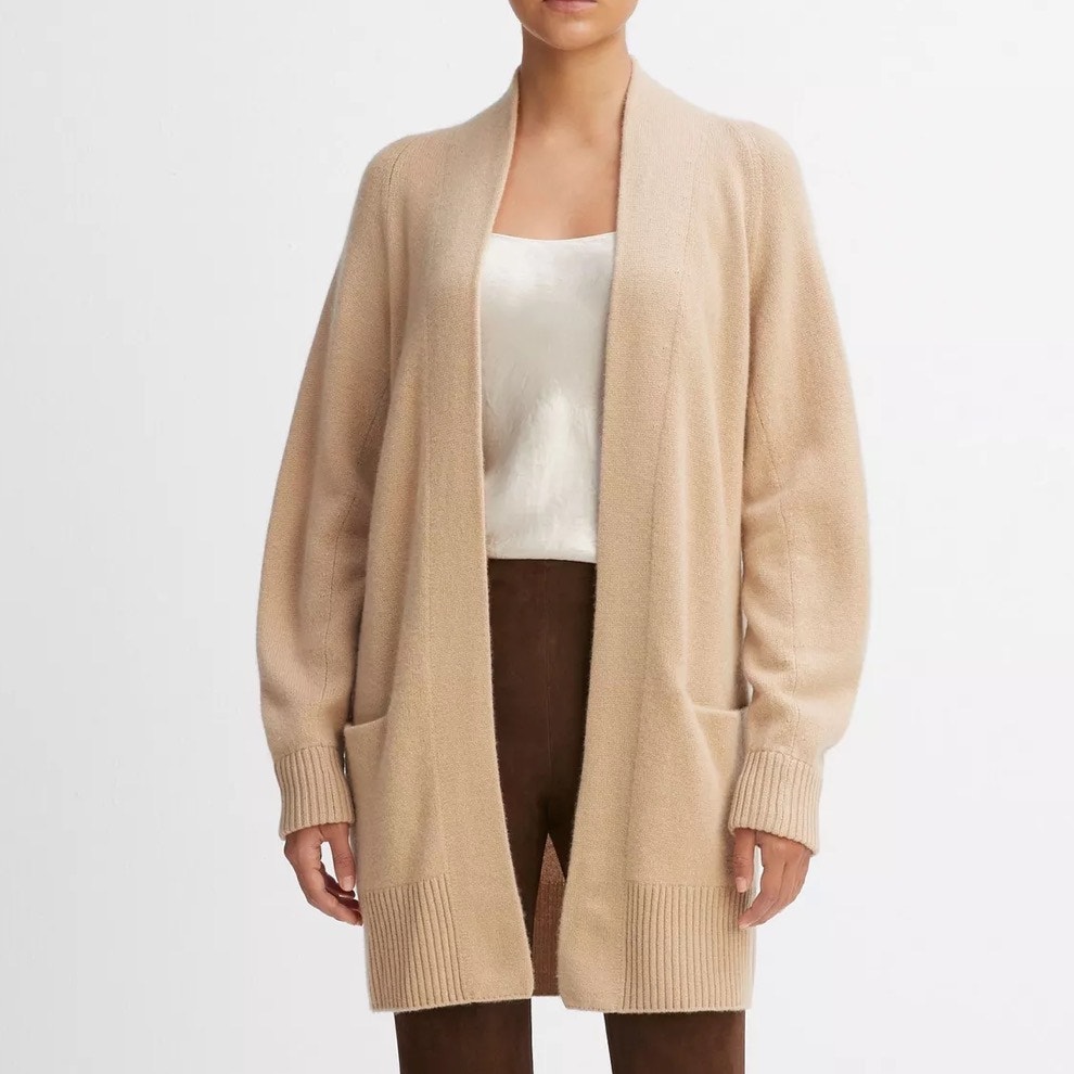 Vince Cashmere Open Front Cardigan Camel Long Sleeve Patch Pocket Sweater S Read